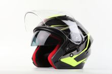MAXX OF 878 Skútrová helma otevřená s plexi a sluneční clonou - černozelená reflexní