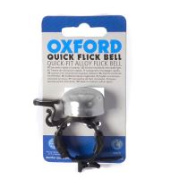 Zvonek na kolo QUICK FLICK BELL, OXFORD (stříbrný plášť, s přezkou pro osazení na trubky od průměru 27,2 do 31,8 mm)